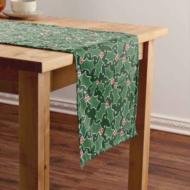 Green Holly botanical Modern Red Christmas Short Table Runner (In Situ)