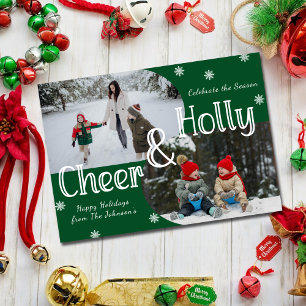 Green Holly & Cheer 2 Family Photo Christmas Holiday Card