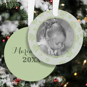 Green Holly Kids Photo Personalized Christmas Metal Ornament