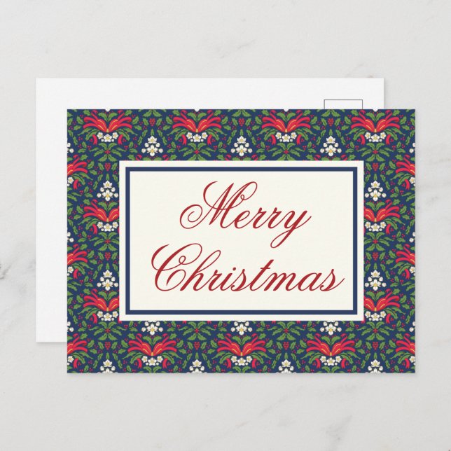 Green Holly Leaves, Red Berries and Red Bow Holiday Postcard (Front/Back)