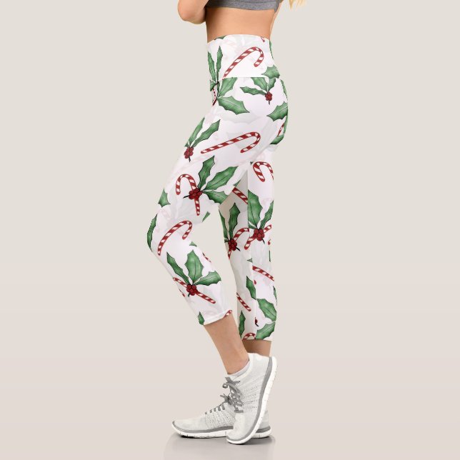 Green Holly Leaves Red Berries Candy Cane Paint Capri Leggings (Left)