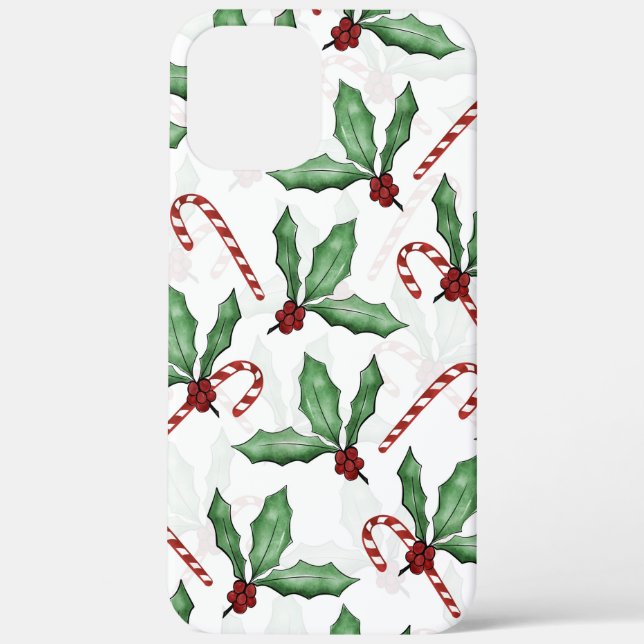 Green Holly Leaves Red Berries Candy Cane Paint Case-Mate iPhone Case (Back)