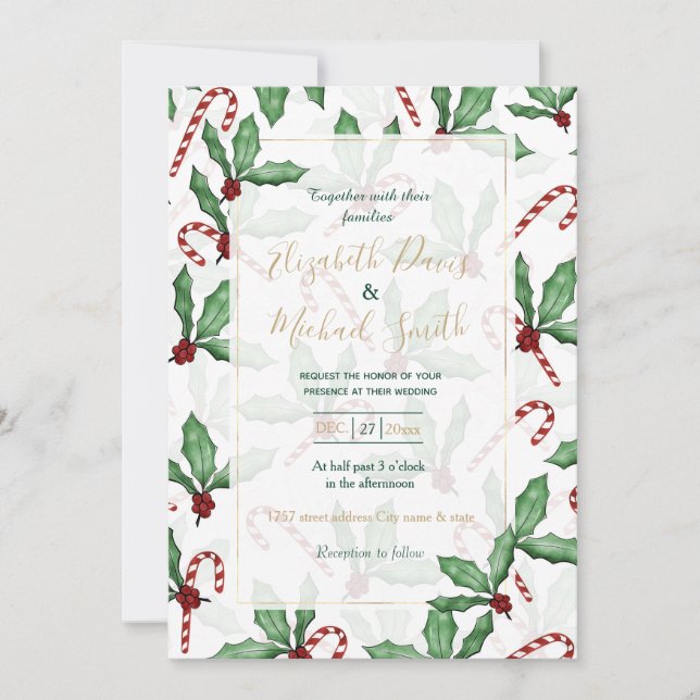 Green Holly Leaves Red Berries Candy Cane Paint  Invitation (Front)