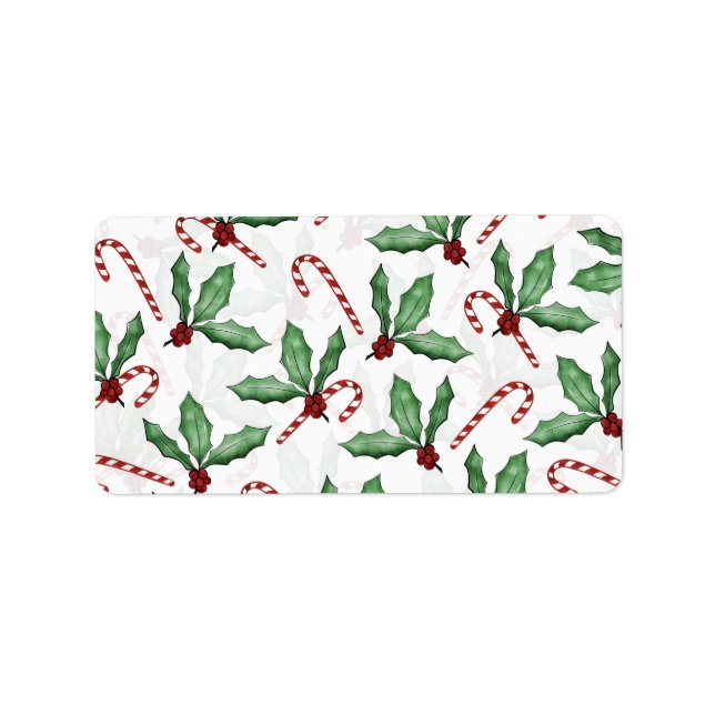 Green Holly Leaves Red Berries Candy Cane Paint Label (Front)