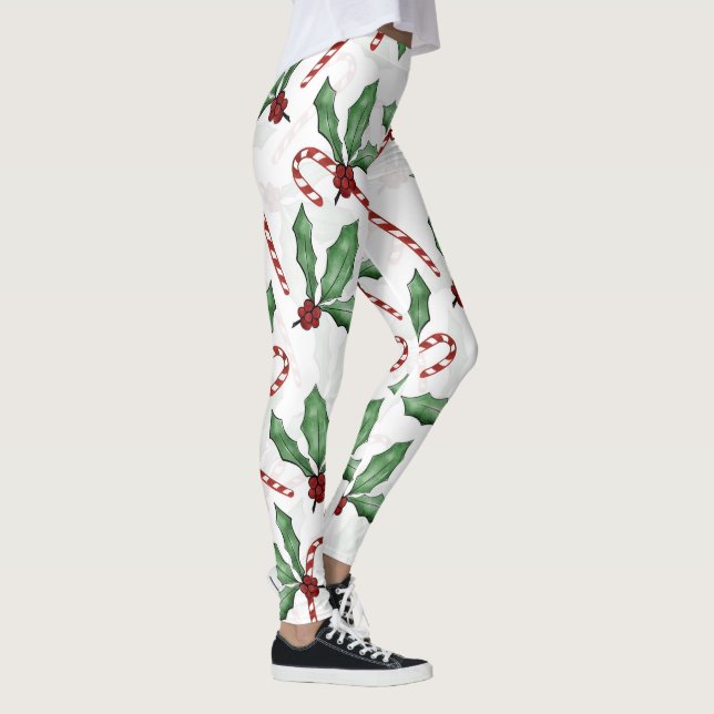 Green Holly Leaves Red Berries Candy Cane Paint Leggings (Right)