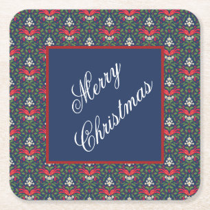 Green Holly Leaves, Red Berries, Vintage Red Bow Square Paper Coaster