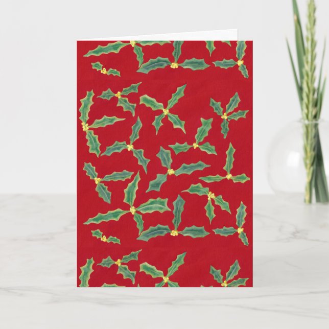 Green Holly Leaves Yellow Flowers Christmas Cards (Front)