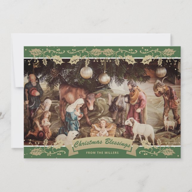 Green Holly Nativity Scene Christian Christmas Holiday Card (Front)