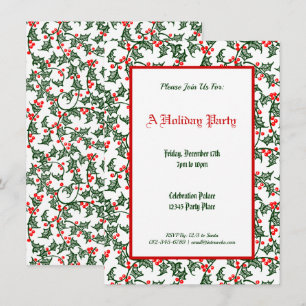 Green Holly Pattern Holiday Editable 4.5x6.25" Invitation