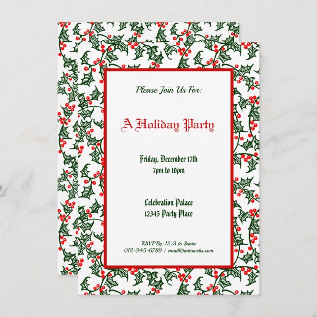 Green Holly Pattern Holiday Editable 4.5x6.25" Invitation (Front/Back)