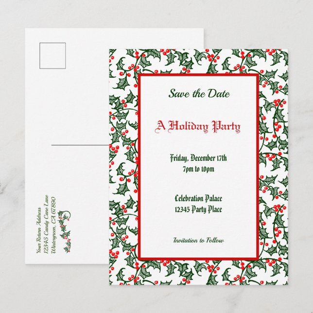 Green Holly Pattern Holiday Editable Save the Date Postcard (Front/Back)