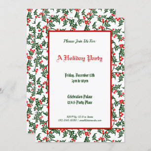 Green Holly Pattern Holiday Party Editable 5x7 Invitation