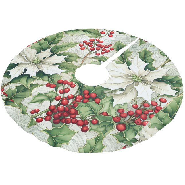 Green Holly Red Berries Christmas Tree Base Cover Brushed Polyester Tree Skirt (Angled)