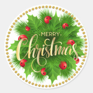 Green Holly & Red Berries Wreath Merry Christmas Classic Round Sticker