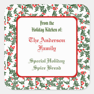 Green Holly with Red Berries Custom Baking Sticker