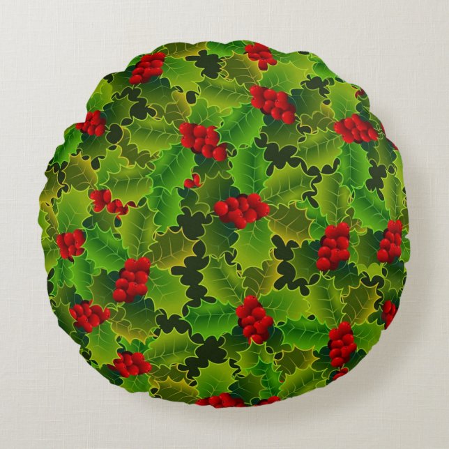 Green Holly with Red Berries Round Pillow (Front)