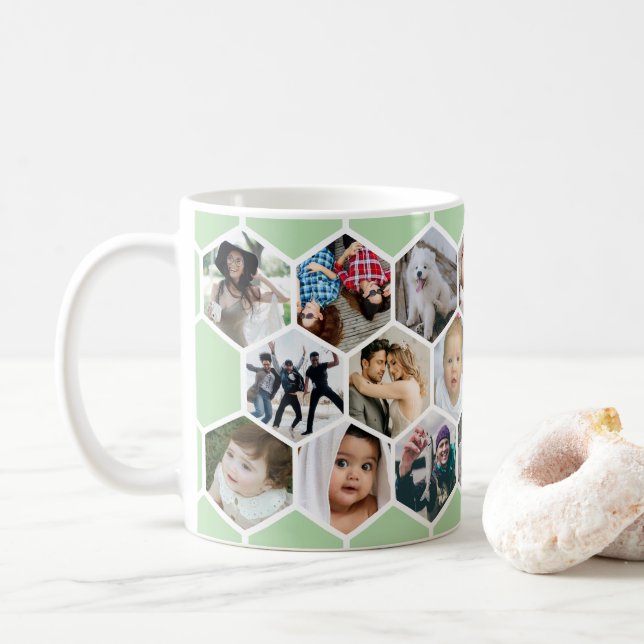 Green Honeycomb Photo Collage 20 Picture Coffee Mug (With Donut)