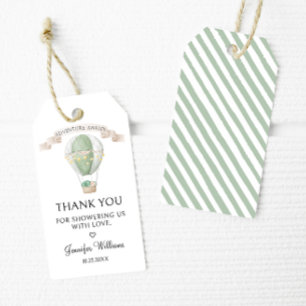Green Hot air balloon Adventure awaits baby shower Gift Tags