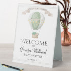 Green hot air balloon baby shower welcome sign