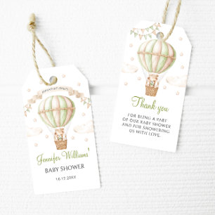 Green Hot Air Balloon Teddy Baby Shower thank you Gift Tags