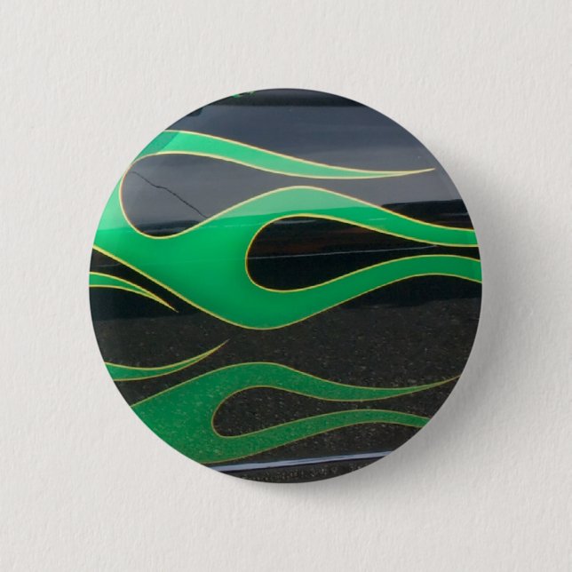 green hotrod flames on black 2 inch round button (Front)