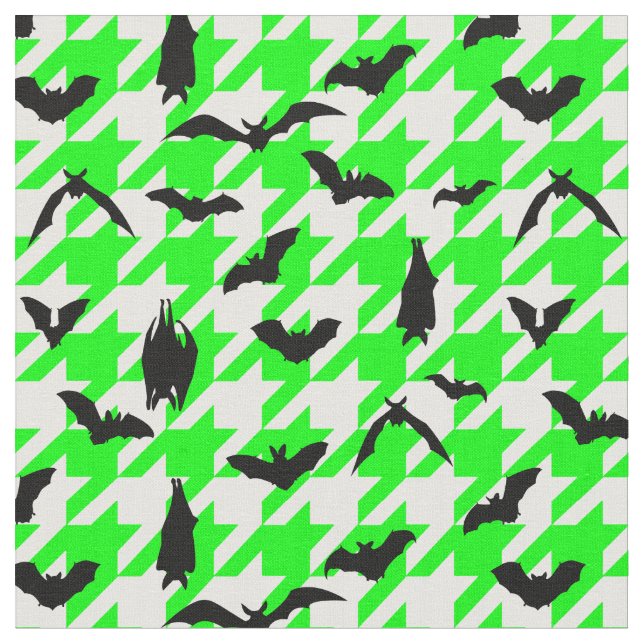 green houndstooth halloween black bats fabric (Close Up)