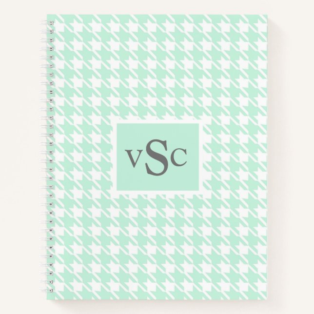 Green Houndstooth Pattern Monogram Modern Notebook (Front)