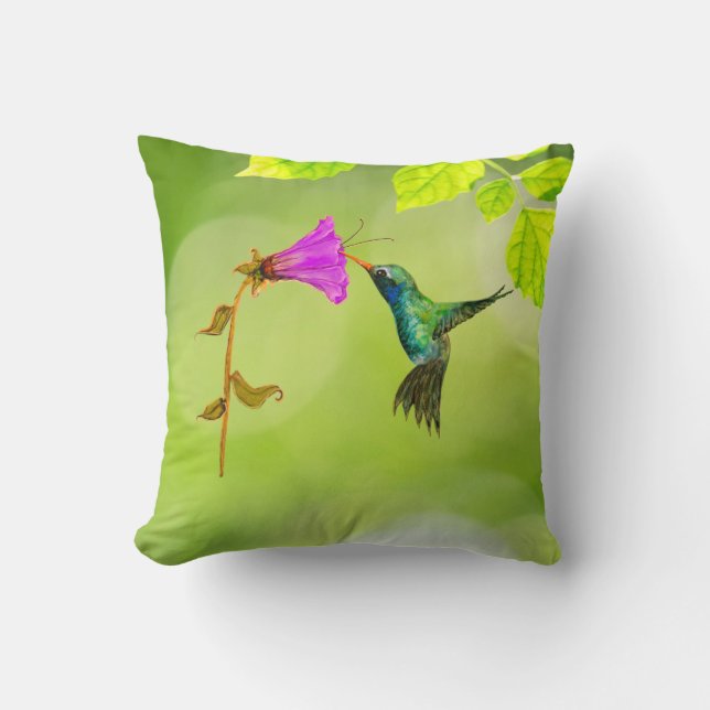 Green Hummingbird and Flower Throw Pillow (Front)
