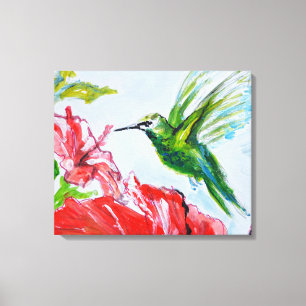 Green Hummingbird and Red Hibiscus Canvas Print