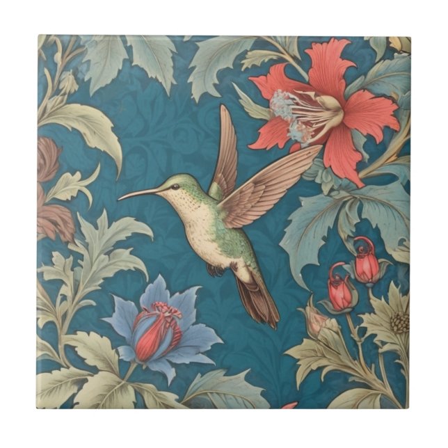 Green Hummingbird Bird William Morris style left Tile (Front)