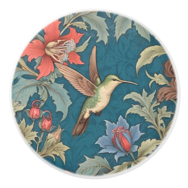 Green Hummingbird Bird William Morris style right Ceramic Knob (Front)