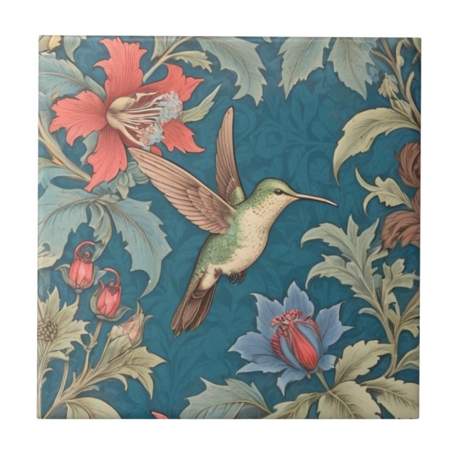 Green Hummingbird Bird William Morris style right Tile (Front)