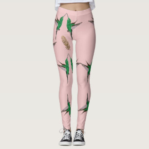 Green Hummingbird golden feather Leggings