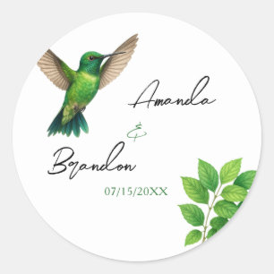 Green Hummingbird Leafy Botanical Border Wedding Classic Round Sticker