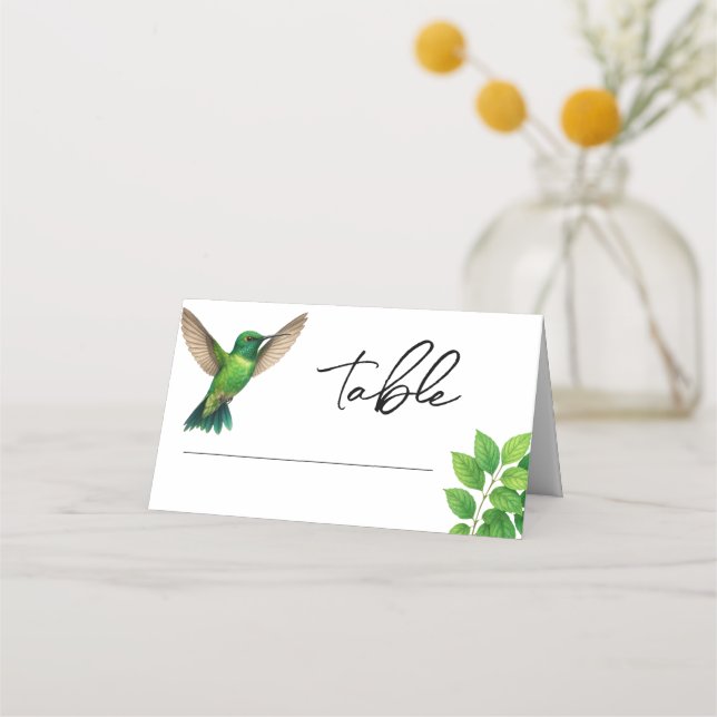 Green Hummingbird Leafy Botanical Border Wedding Place Card (Front)