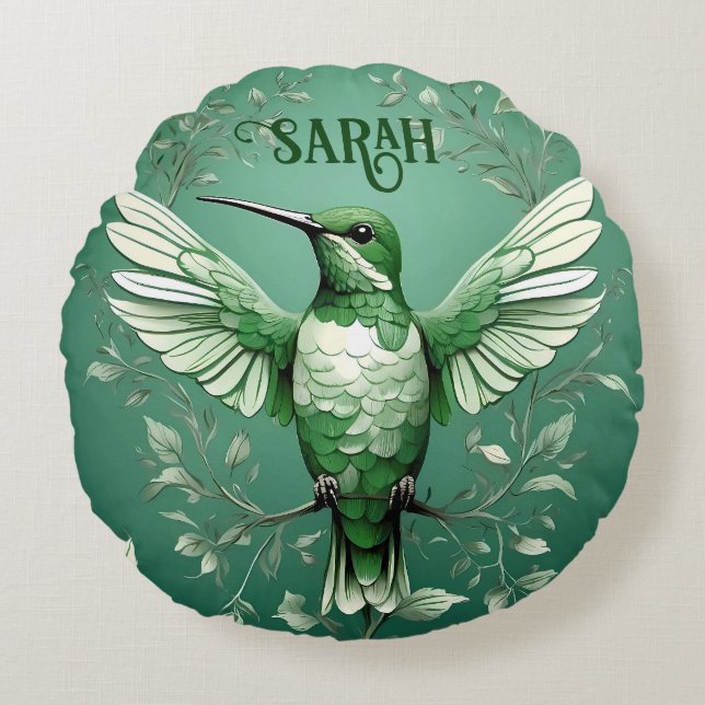 Green Hummingbird Personalised Name  Round Pillow (Front)