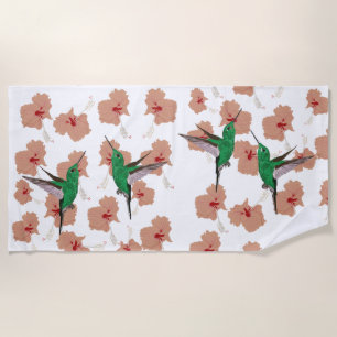 Green Hummingbird Pink Hibiscus Flowers Beach Towel