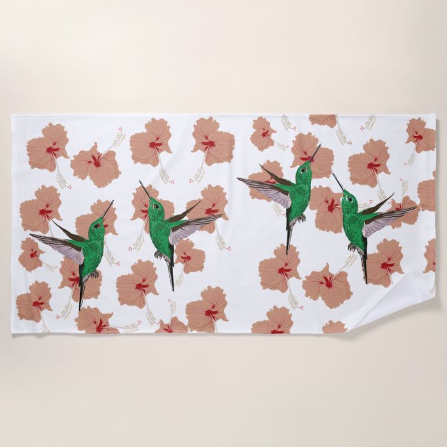 Green Hummingbird Pink Hibiscus Flowers Beach Towel (Front)