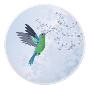 Green Hummingbird With Blue Cherry Blossom Ceramic Knob
