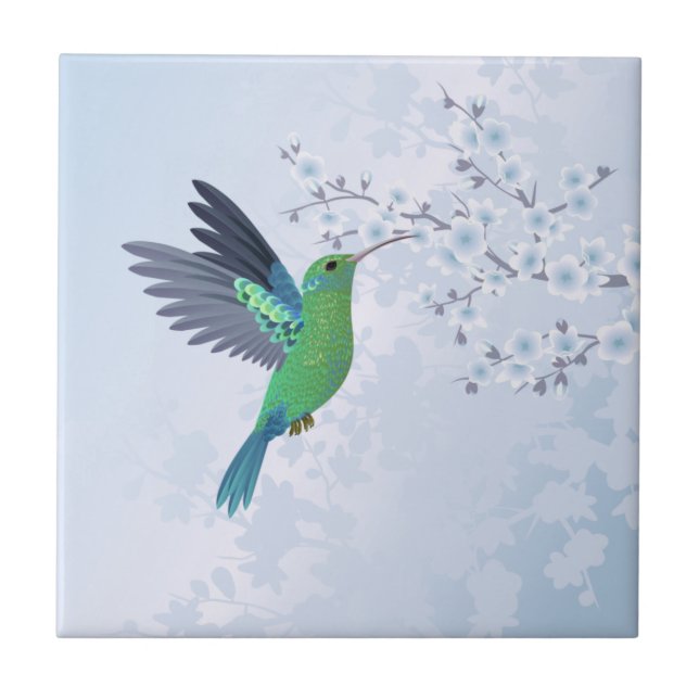Green Hummingbird With Blue Cherry Blossom Tile (Front)