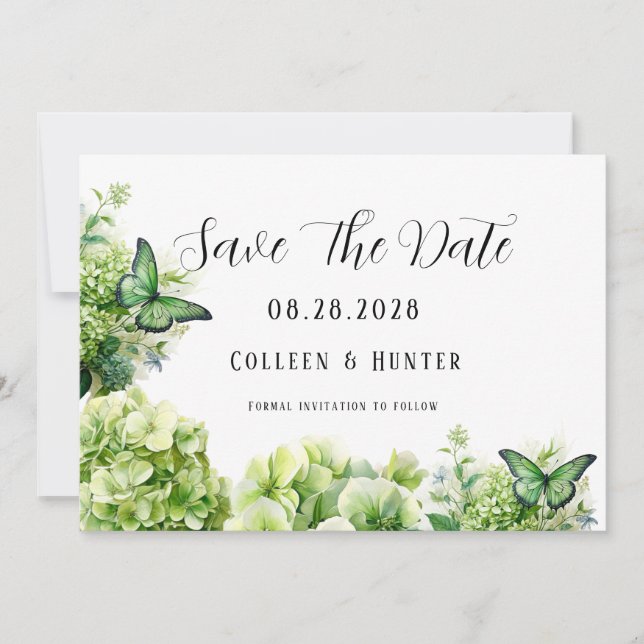 Green Hydrangea Butterfly Save The Date Cards (Front)