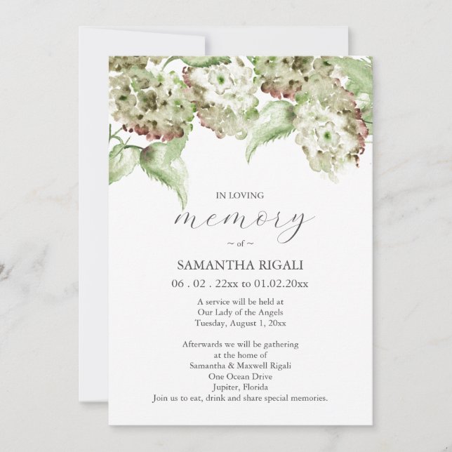 Green Hydrangea Celebration of Life Invitations (Front)