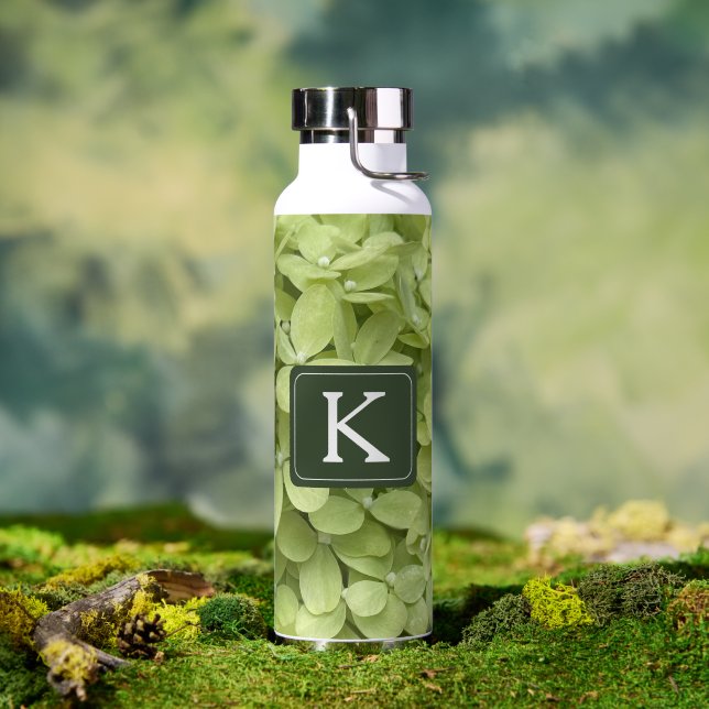 Green Hydrangea Floral Wedding Monogram  Water Bottle (Outdoor (Rotated))