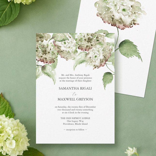 Green Hydrangea Formal Wedding Invitations (green and antique hydrangea wedding invitations hand painted watercolor art Victoria Do Tell A Belle)