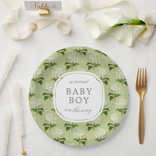 Green Hydrangea Pattern Sweet Baby Gender Neutral Paper Plate (Wedding)
