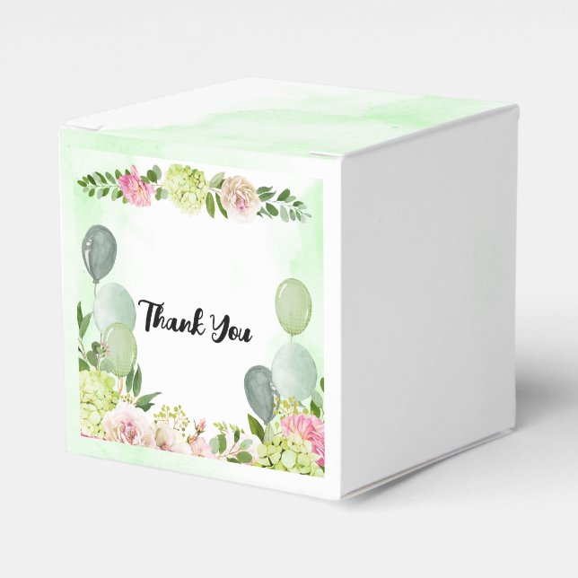 Green Hydrangea Pink Floral Sage Balloon Custom Favor Box (Front Side)