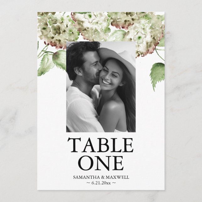Green Hydrangea Wedding Photo Table Number Cards (Front)