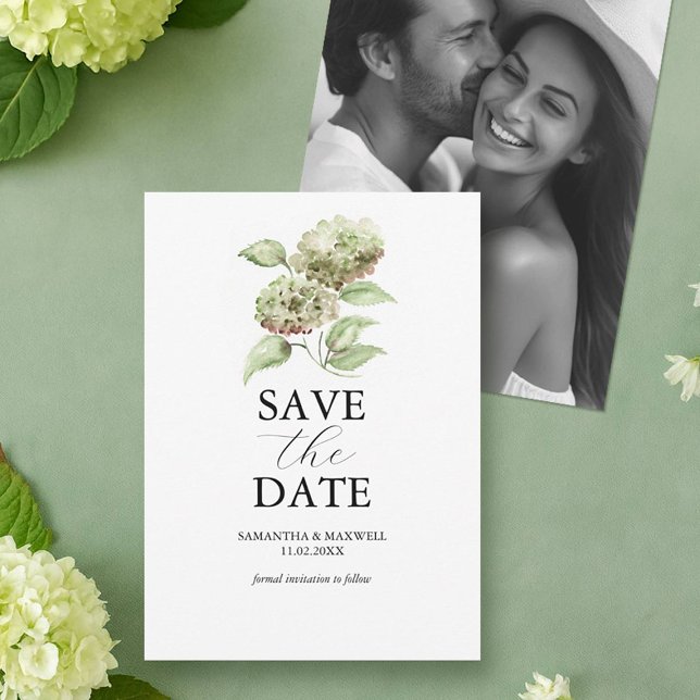 Green Hydrangea Wedding Save The Dates with Photo Save The Date (green hydrangea photo save the date with hand painted watercolor floral art Victoria Do Tell A Belle)