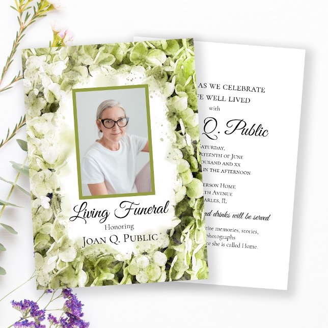 Green Hydrangeas Watercolor Living Funeral Party Invitation (Creator Uploaded)