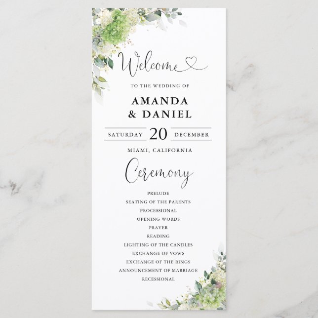 Green Hydrangeas Wedding Program (Front)